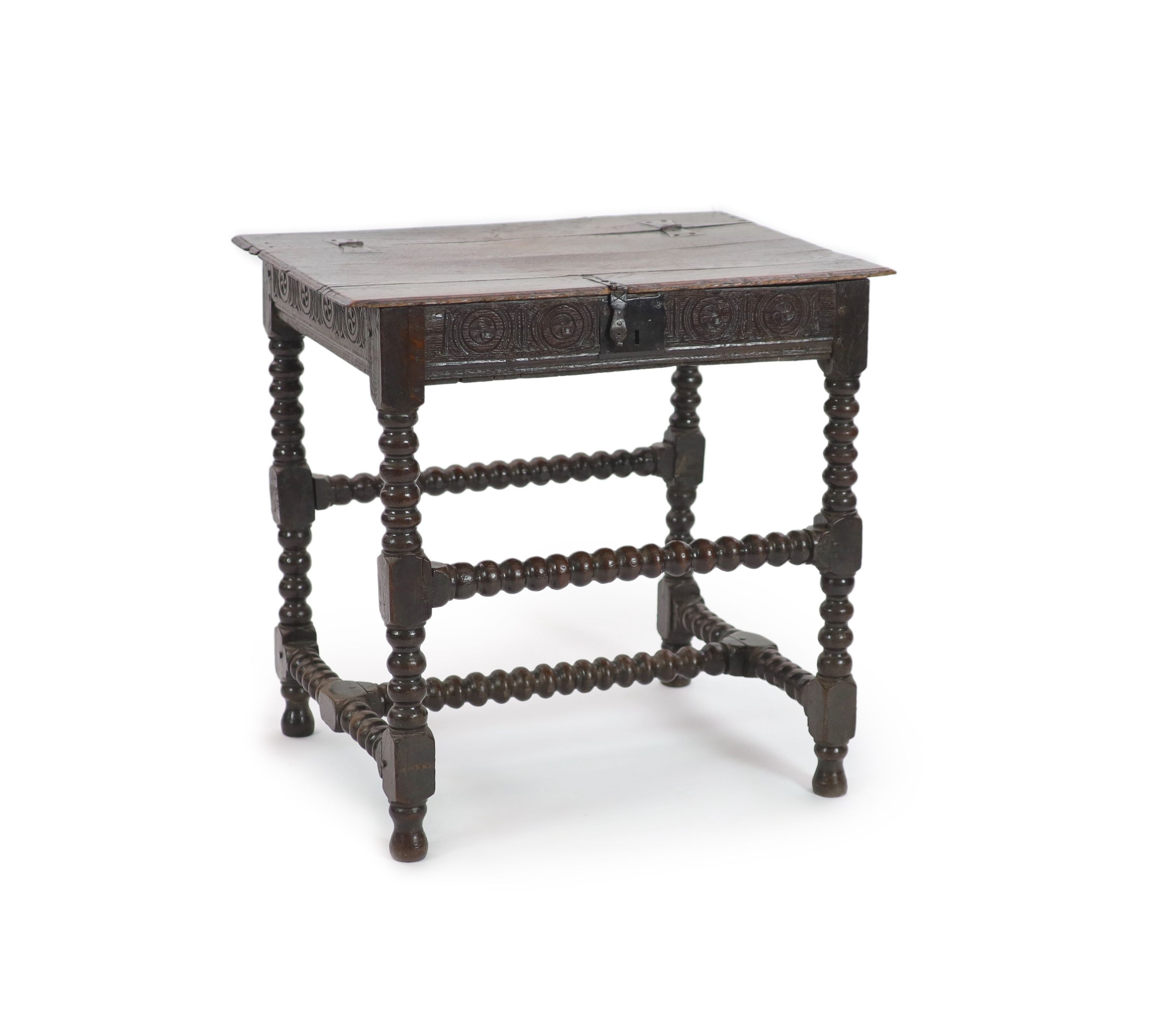 A Charles I joined oak box top table W 75cm. D 55cm. H 72cm.
